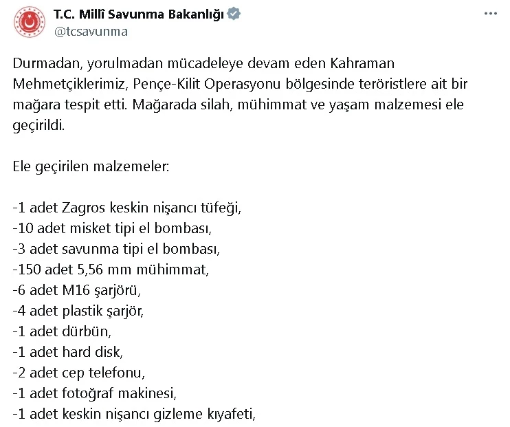 MSB: Pençe-Kilit bölgesinde çok sayıda silah ve mühimmat ele geçirildi