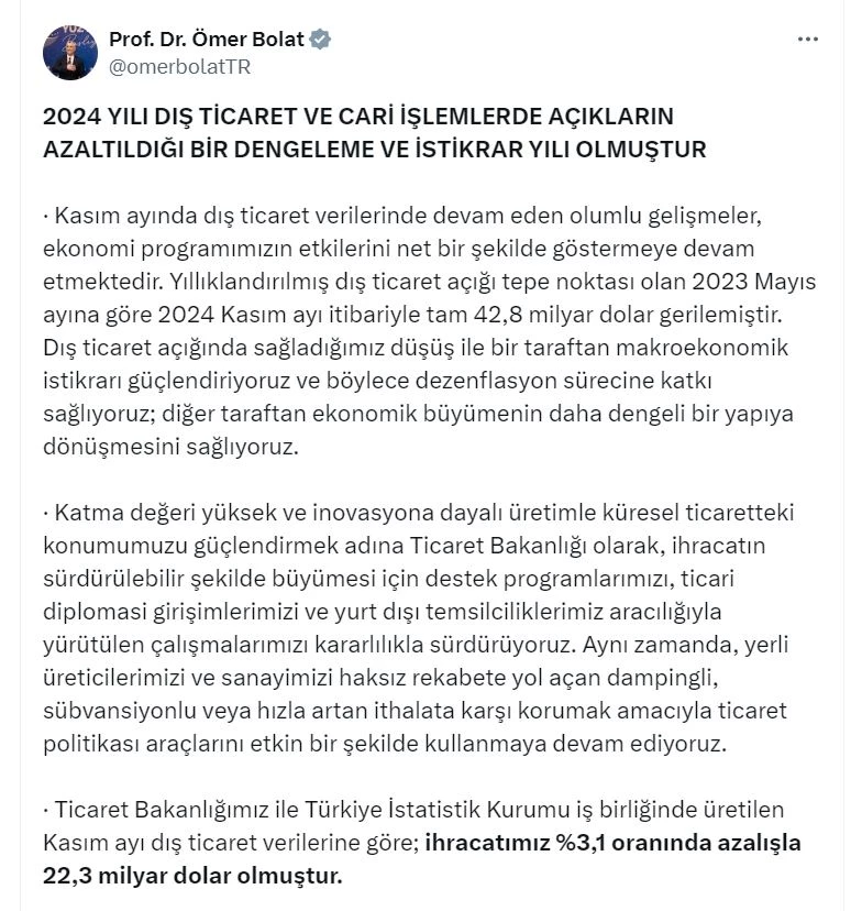 Bakan Bolat: 2024, dengeleme ve istikrar yılı oldu