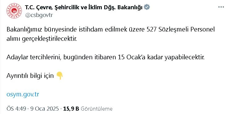 Çevre, Şehircilik ve İklim Değişikliği Bakanlığı, 527 sözleşmeli personel istihdam edecek