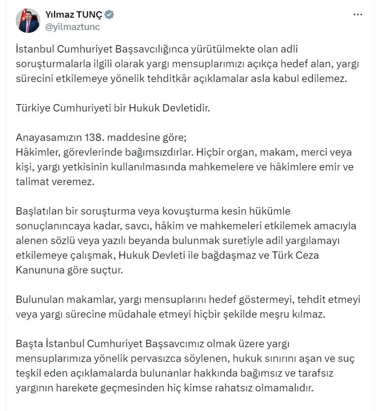 Bakan Tunç: Yargı mensuplarımızı hedef alan tehditkar açıklamalar kabul edilemez