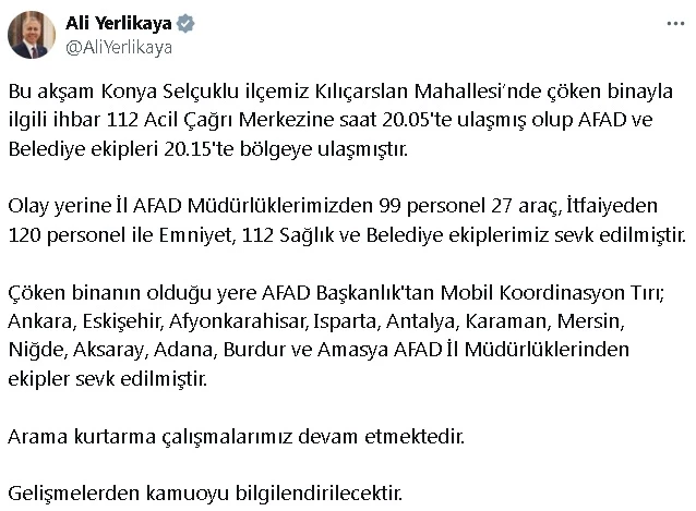 Konya’da 4 katlı bina çöktü: Enkazda mahsur kalanlar için ekipler çalışma başlattı (4)