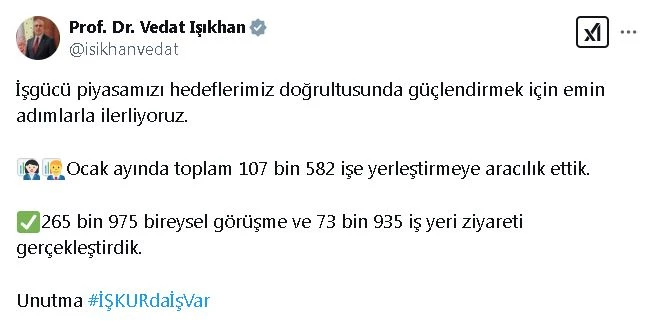 Bakan Işıkhan: İŞKUR 107 bin 582 işe yerleştirmeye aracılık etti