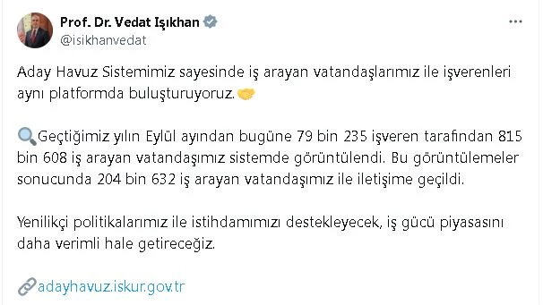 Bakan Işıkhan: 815 bin 608 iş arayan vatandaş, Aday Havuz Sistemi üzerinden görüntülendi