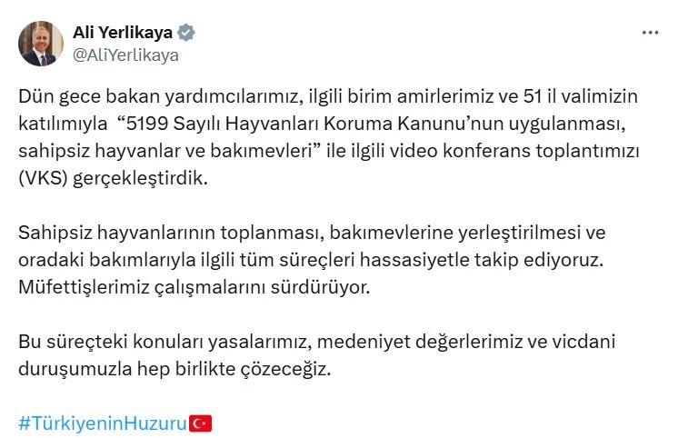 Bakan Yerlikaya: Sahipsiz hayvanların toplanmasıyla ilgili süreçleri hassasiyetle takip ediyoruz