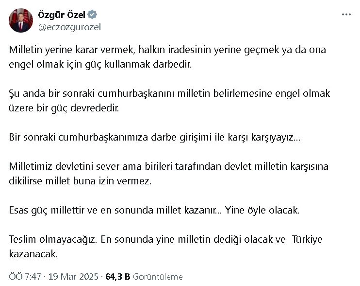 Özgür Özel: Esas güç millettir ve sonunda millet kazanır