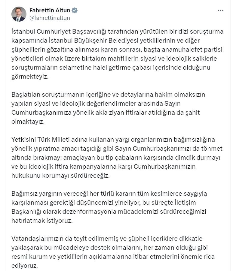 Fahrettin Altun: Bağımsız yargının vereceği her türlü karar saygıyla karşılanmalı