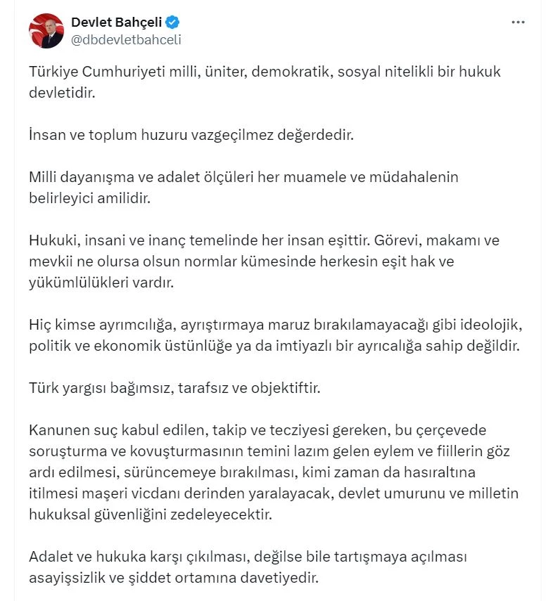 Bahçeli: Hukukun vereceği karara saygıyla yaklaşmak ortak sorumluluk olmalı